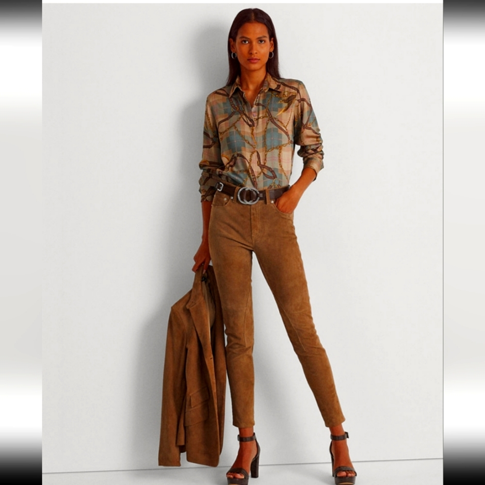 LAUREN RALPH LAUREN SUEDE/SKINNY/ANKLE PANTS LIGHT TRUFFLE 14 originally $695.00